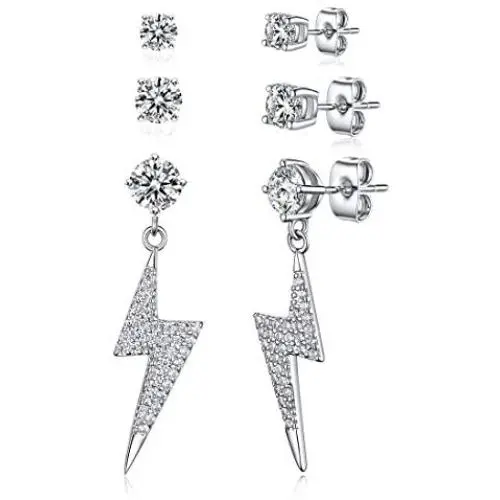 3 Pairs Small Lightning Bolt Dangle Earring Sets-White Gold Plated Round Cubic Zirconia Stud Earrings Hypoallergenic Jewelry for Women 3 Pairs Small Lightning Bolt Dangle Earring Sets-White Gold Plated Round Cubic Zirconia Stud Earrings Hypoallergenic Jewelry for Women
