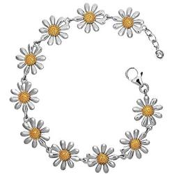 Paul Wright 925 Sterling Silver Daisy Bracelet, 10 Daisies with 18K Gold Plated Centres, 7” Plus 1” Extender