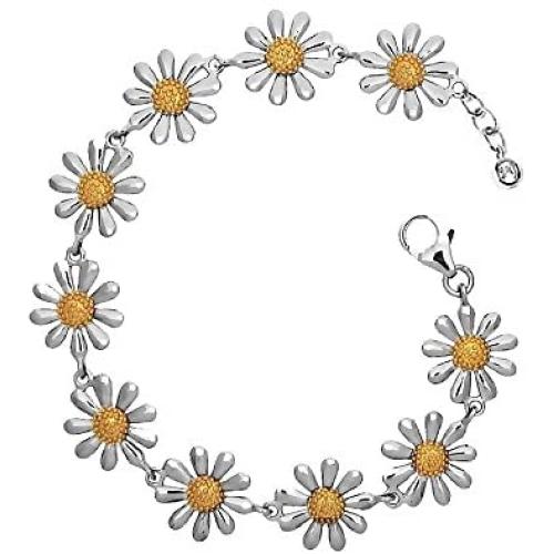 Paul Wright 925 Sterling Silver Daisy Bracelet, 10 Daisies with 18K Gold Plated Centres, 7” Plus 1” Extender