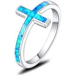 Mozume Created Black Opal Christian Sideways Cross Ring 925 Sterling Silver