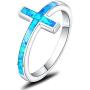 Mozume Created Black Opal Christian Sideways Cross Ring 925 Sterling Silver