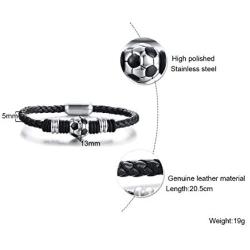 MPRAINBOW Free Engraving Stainless Steel Braided Soccer Football Genuine Leather Bracelets for Men Women