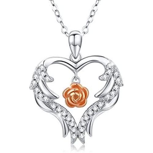 Angel Wings Heart Necklace Rose Flower Pendant S925 Sterling Silver Love Heart Rose Flower Romantic Jewelry Gifts with Gift Box for Women Girls (angle wings rose necklace)