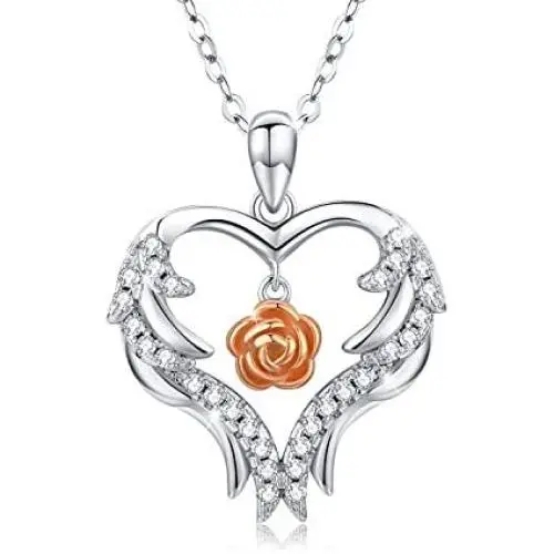 Angel Wings Heart Necklace Rose Flower Pendant S925 Sterling Silver Love Heart Rose Flower Romantic Jewelry Gifts with Gift Box for Women Girls (angle wings rose necklace) Angel Wings Heart Necklace Rose Flower Pendant S925 Sterling Silver Love Heart Rose Flower Romantic Jewelry Gifts with Gift Box for Women Girls (angle wings rose necklace)
