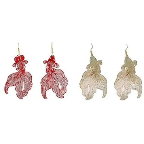 2Pairs Gold Goldfish Drop Earrings Animal Feather Fish Filigree Dangle Statement Earrings Personality Metal Hollow Big Fish Earring for Women Girl Jewelry