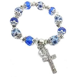 Nazareth Store Religious Cross Bracelet Christian Classic Beaded Bangle with Blue Crystal Beads Sacred Gift for Teen Girls Jewelry for Women & Men