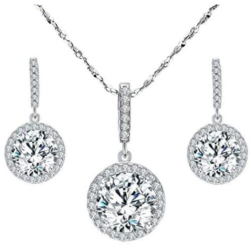 EVER FAITH 925 Sterling Silver CZ Gorgeous Round Cut Wedding Pendant Necklace Earrings Set