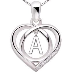 ALOV Jewelry Sterling Silver Initial Letter Alphabet Love Heart Cubic Zirconia Pendant Necklace