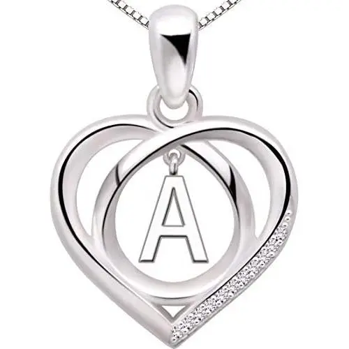 ALOV Jewelry Sterling Silver Initial Letter Alphabet Love Heart Cubic Zirconia Pendant Necklace
