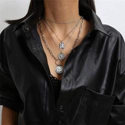 Ingemark Retro Face Coin Pendant Layered Chain Necklace for Women Girls 18K Plated Tag Coin Virgin Medallion Pendant Punk Link Chain Necklace (Style 2 Silver)
