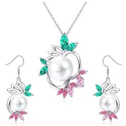Hanpabum Pearls Pedent Necklace Drop Dangle Earring for Women Wedding Cubic Zirconia Elegant Charming Jewelry Set