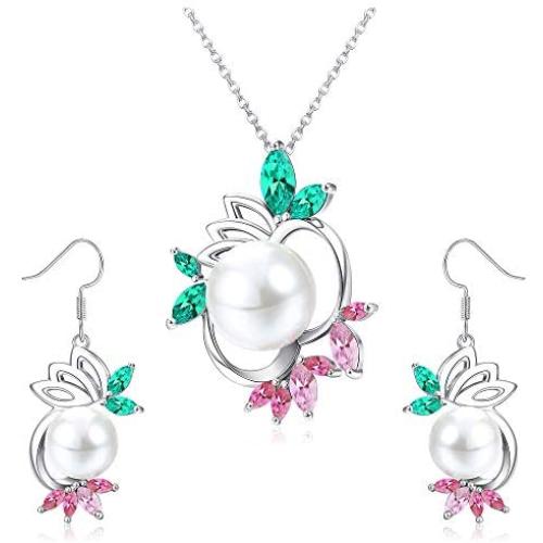 Hanpabum Pearls Pedent Necklace Drop Dangle Earring for Women Wedding Cubic Zirconia Elegant Charming Jewelry Set