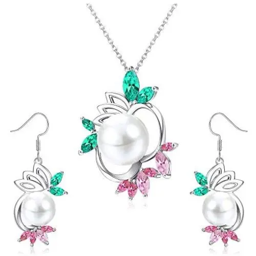 Hanpabum Pearls Pedent Necklace Drop Dangle Earring for Women Wedding Cubic Zirconia Elegant Charming Jewelry Set