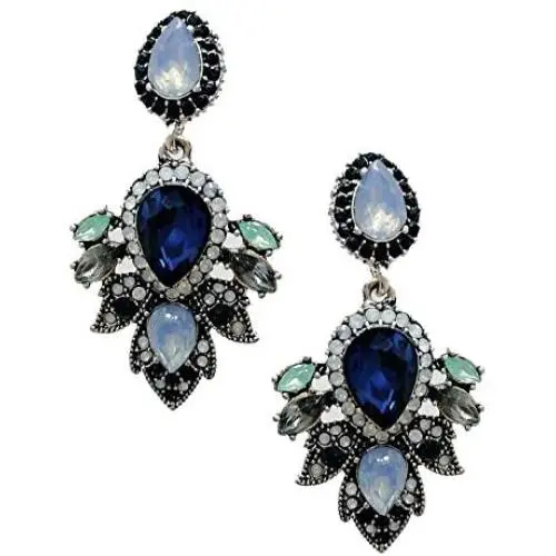 Large Art Deco Antique Vintage Style Navy Baby Blue Sapphire Opal Rhinestone Bridal Bridesmaid Wedding Prom Pageant Statement Earrings