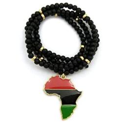 Shiny Jewelers USA Mens Multicolor Africa MAP RED Black Green Pendant 6MM 30'' Wooden Bead Chain Egyptian Necklace