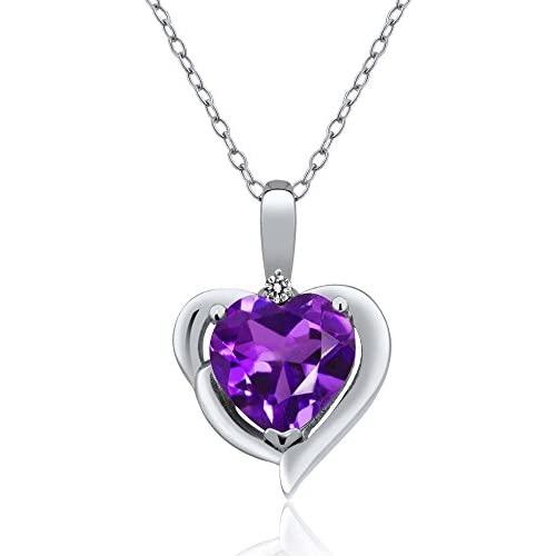 Gem Stone King Purple Amethyst and White Diamond 925 Sterling Silver Pendant Necklace 1.42 Ct Heart Shape with 18 Inch Silver Chain