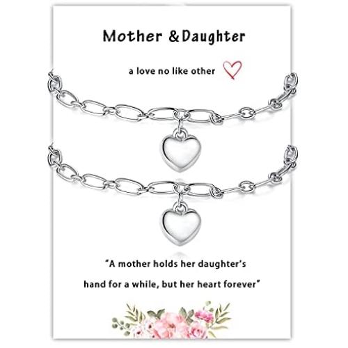 Myrnaist Mother Daughter Bracelets Set for 2 Silver Heart Charm Bracelet Jewelry for Mom Women Girls Mothers Day Birthday Gifts