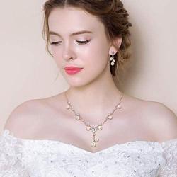 EleQueen Womens Cubic Zirconia Simulated Pearl Flower Filigree Bridal Necklace Earrings Jewelry Set Ivory Color