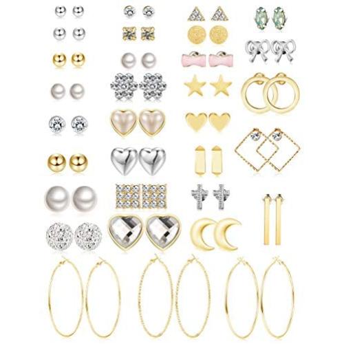 Jstyle 32 Pairs Assorted Multiple Stud Earrings for Women Simple Cute Big Hoop Earrings Set