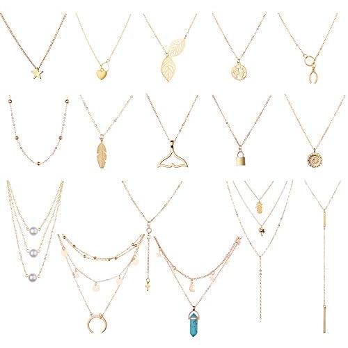 Aganippe 16/20 Layered Choker Necklace for Women Gold Multilayer Chain Necklace Set for Women Girls Birds Turquoise Rose Moon Star Pearl Heart-shaped Chokers Pack Adjustable DIY Pendant Packs of Necklace