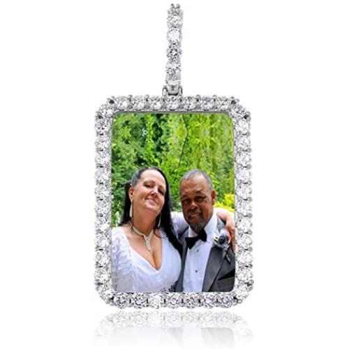 MoCa Jewelry Personalized Custom Photo Medallions Necklace & Pendant 18K Gold Silver Cubic Zircon Hip hop Jewelry Dog Tag Necklace for Men Women (Rectangle Silver)