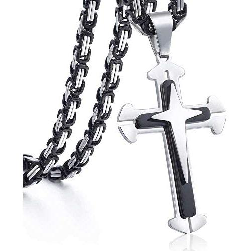 Trendsmax Cross Pendant Necklace Mens Boys Stainless Steel Gold Silver Byzantine Chain 22 24 26 28 30inch