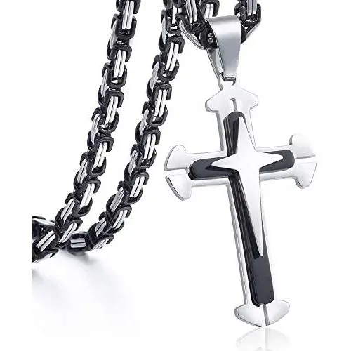 Trendsmax Cross Pendant Necklace Mens Boys Stainless Steel Gold Silver Byzantine Chain 22 24 26 28 30inch
