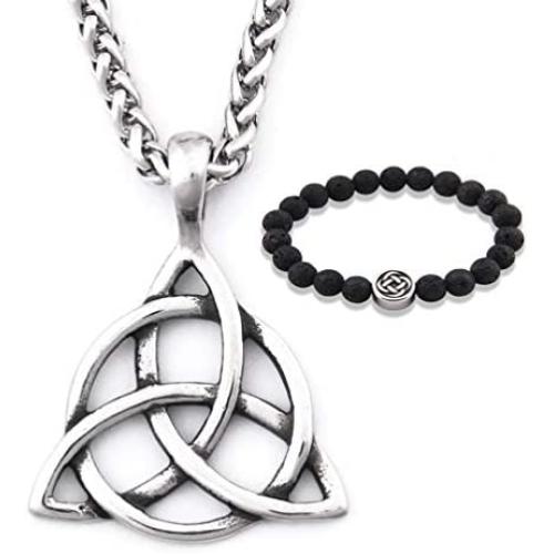 GUNGNEER Stainless Steel Silvertone Celtic Knot Triquetra Chain Pendant Necklace Trinity Eternal Jewelry Men Women