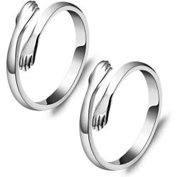 PANTIDE 2Pcs Hug Hands Rings Set for Lovers, Romantic Love Hugging Hands Adjustable Open Rings Silver Statement Hands Embrace Rings Alloy Promise Rings Jewelry Gifts for Couples Wedding Anniversary