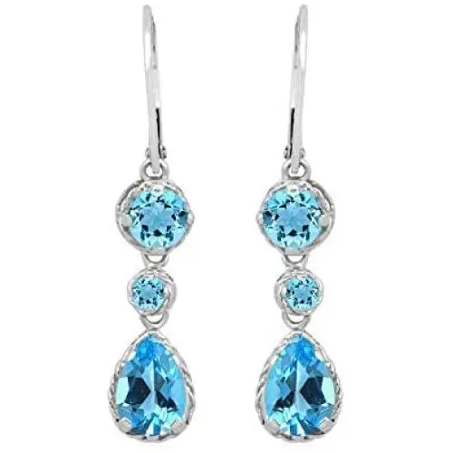 Jewelili 14K White Gold 8x6 MM Pear Shape and 4.8 MM, 2.5 MM Round Shape Swiss Blue Topaz Dangle Earrings Jewelili 14K White Gold 8x6 MM Pear Shape and 4.8 MM, 2.5 MM Round Shape Swiss Blue Topaz Dangle Earrings