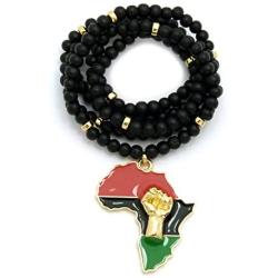 Fist Power in Pan African Colored Africa Map Pendant 6mm 30 inches Wooden Bead Necklace
