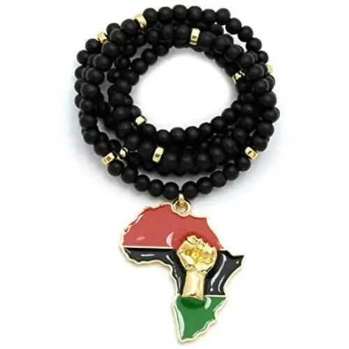 Fist Power in Pan African Colored Africa Map Pendant 6mm 30 inches Wooden Bead Necklace Fist Power in Pan African Colored Africa Map Pendant 6mm 30 inches Wooden Bead Necklace