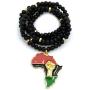 Fist Power in Pan African Colored Africa Map Pendant 6mm 30 inches Wooden Bead Necklace