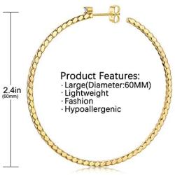 18K Gold Plated Sterling Silver Post Huge Hoops for Women Girls 60MM, 80MM, 100MM