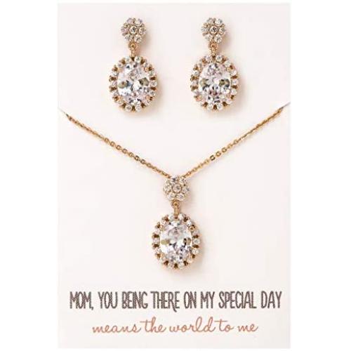 A+O Mother of The Bride or Groom Gift, Wedding Oval Earring and Necklace Jewelry Set in Silver, Gold, Rose Gold