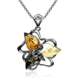Ian and Valeri Co. Multicolor Amber Sterling Silver Flower Pendant Necklace Chain 18''