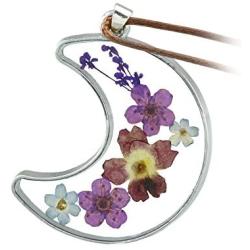 FM FM42 Multicolor Pressed Dried Flowers Moon Shape Pendant Necklace