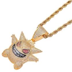 charlinliol 18k Gold Plated Necklace Iced Out 900 Pieces Cubic Zirconia Stones Pokemon Gengar Pendant Hip Hop Jewelry Chain for Men and Women