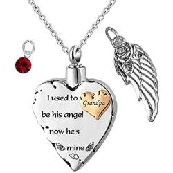 misyou Cremation Jewelry Charm Angel Wing Urn Necklace for Ashes I Used to be his Angle,Now Hes Mine - Stainless Steel Heart Memorial Pendant and 12 PCS Birthstones