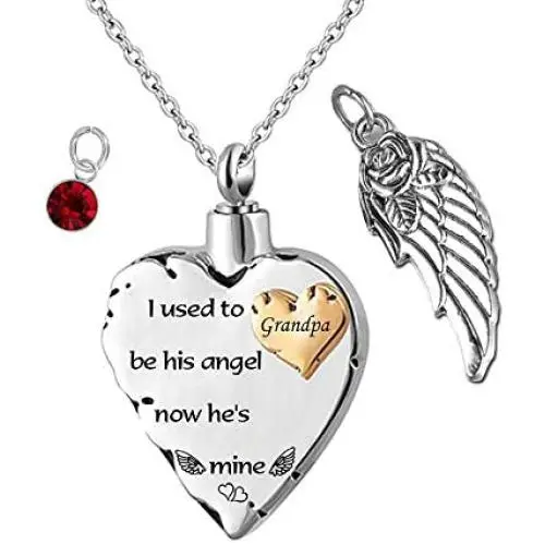 misyou Cremation Jewelry Charm Angel Wing Urn Necklace for Ashes I Used to be his Angle,Now Hes Mine - Stainless Steel Heart Memorial Pendant and 12 PCS Birthstones