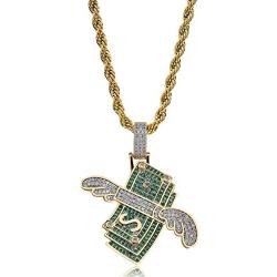 TOPGRILLZ Iced Out Pendant US Dollar Money Style 14K Gold Plated Cubic Zircon Necklace for Men Women Hip Hop Rock Jewelry Gifts