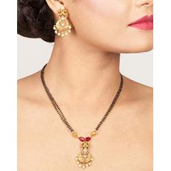 Tarinika Falgu Gold-Plated Indian Necklace and Earrings Jewelry Set with Black Beads - Center Red