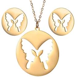 Vocheng Gold Monarch Butterfly and Earring Sets for Women Teen Girls,Hollow Out 316L Stainless Steel Pendant Necklace and Round Stud Piercing Earrings, with Fine Gift Box and Cute Card Jewelry Set