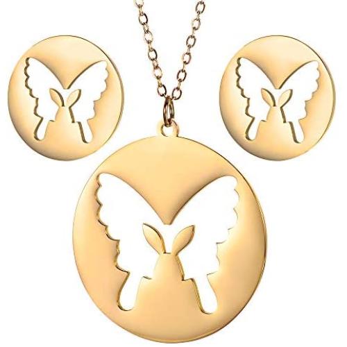 Vocheng Gold Monarch Butterfly and Earring Sets for Women Teen Girls,Hollow Out 316L Stainless Steel Pendant Necklace and Round Stud Piercing Earrings, with Fine Gift Box and Cute Card Jewelry Set