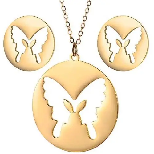 Vocheng Gold Monarch Butterfly and Earring Sets for Women Teen Girls,Hollow Out 316L Stainless Steel Pendant Necklace and Round Stud Piercing Earrings, with Fine Gift Box and Cute Card Jewelry Set