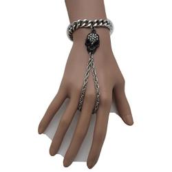 TFJ Women Fashion Jewelry Silver Metal Hand Chain Wrist Bracelet Slave Ring Black Skeleton Bling Skull