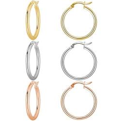 ZRO 3 Pairs Hoop Earrings 18K Gold Plated Hypoallergenic Stainless Steel Hoop Earrings Women Girls Gift