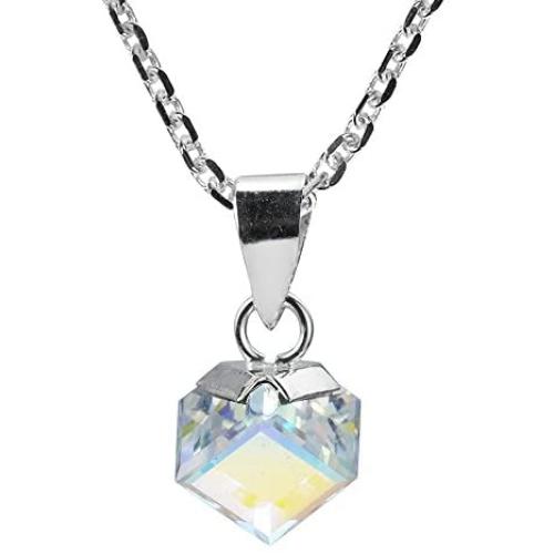 AeraVida Gleaming Mirror Fashion Crystal Cube Prism .925 Sterling Silver Pendant Necklace