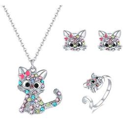 Bievochy Cat Necklace for Girls Women Kitty Cat Pendant Necklace Earrings Ring Jewelry Set