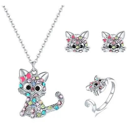 Bievochy Cat Necklace for Girls Women Kitty Cat Pendant Necklace Earrings Ring Jewelry Set